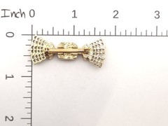Vintage 1928 Gold Tone Faux Pearl Pink Rhinestone Lattice Lace Bow Brooch Pin