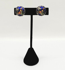 Cloisonné Small Butterfly & Flowers Round Blue Enamel Gold Tone Clip On Earrings