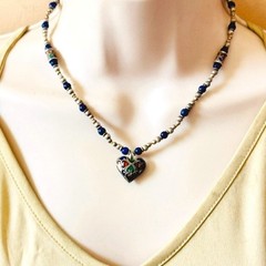 VTG Chinese Heart Cloisonné Blue necklace Silver Lapis Lazuli Beaded China 16″L