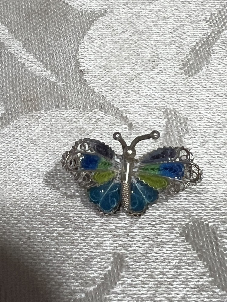 Vintage Italian 800 Silver Filigree Enamel Butterfly Pin. Small Size