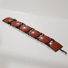 Vintage Copper Link Bracelet with Orange Enamel on Square Panels