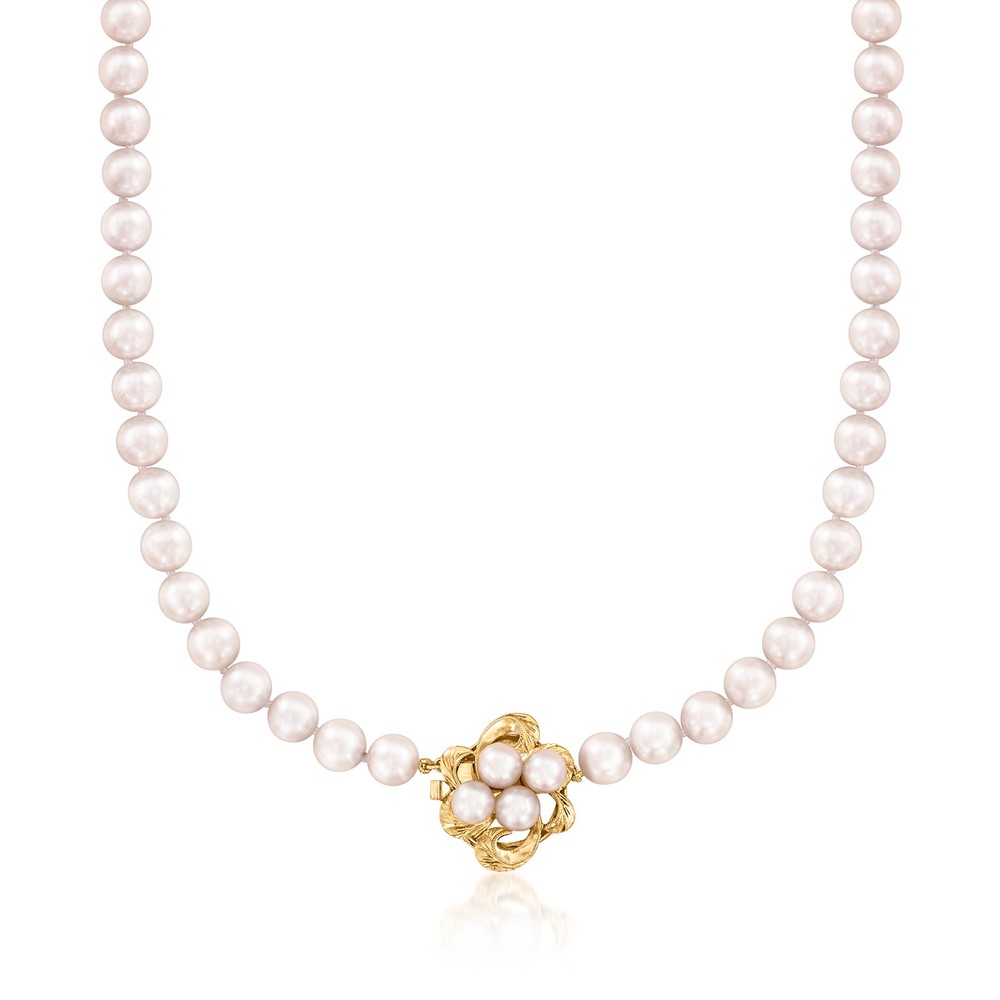 Vint 6-7mm Cult Prl Ncklc w 14k Gold Floral Clasp 18 inches