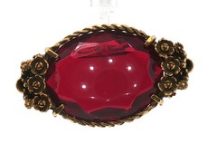 Vintage Gold Tone Brooch — Red Cabochon & Floral Scrollwork