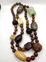 36 Inch Necklace Chinese Onyx Shou, Bone, Jade, Horn, Wood, Sterling Silver Bead