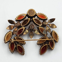Vtg Open Wreath Navette Rhinestone Brooch Autumn Brass Leaves Fall Amber Pin
