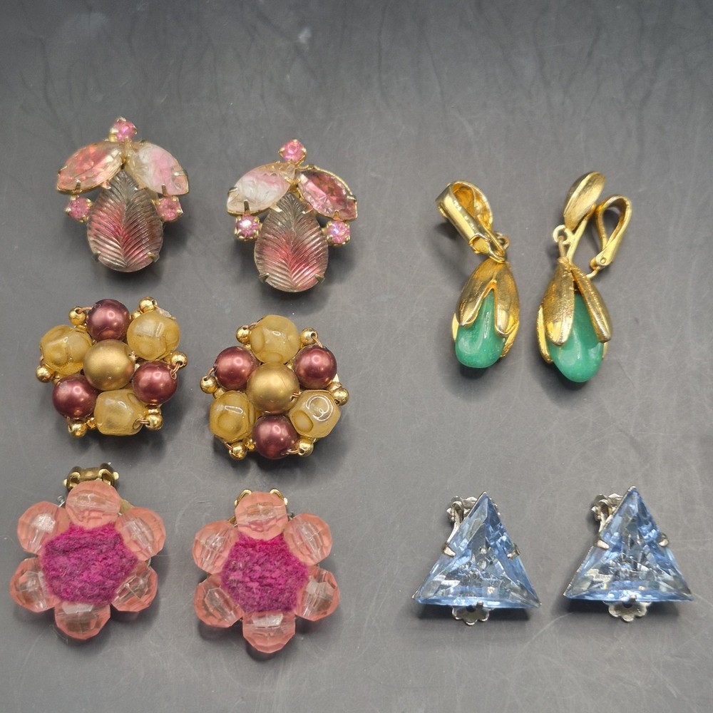 Vtg 5 Pairs Retro Clip-on Earrings Pink Blue Green Gold Tone Dangle Drop Stud