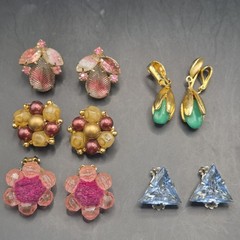 Vtg 5 Pairs Retro Clip-on Earrings Pink Blue Green Gold Tone Dangle Drop Stud