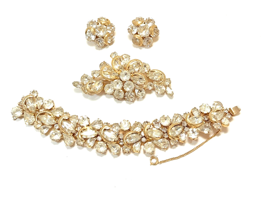 KRAMER NY Gold Tone Half Circle Clear Rhinestone Bracelet, Brooch & Earring Set