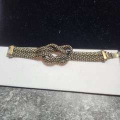 Vintage Antique Brass Tone Mesh Love Knot Bracelet Fold Over Clasp 7 Inch