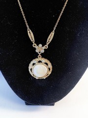 Mother Of Pearl Pendant Necklace Gold Tone Adjustable Length Signed 1928 Brand
