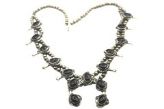 Vintage Silver Tone Black Onyx Squash Blossom Statement 24in Western Nickle