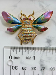 Vtg Signed Graziano Bee Insect Brooch Pin AB Crystals Multicolor Wings, Goldtone