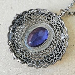 Vtg Antique Silver Tone Filigree Blue Glass Stone Pendant Necklace Victorian