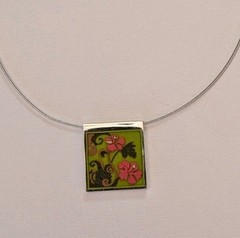 ZARAH HANDMADE DESIGNED HIBISCUS FLORAL PENDANT SQUARE SILVER CHOKER SIGNED