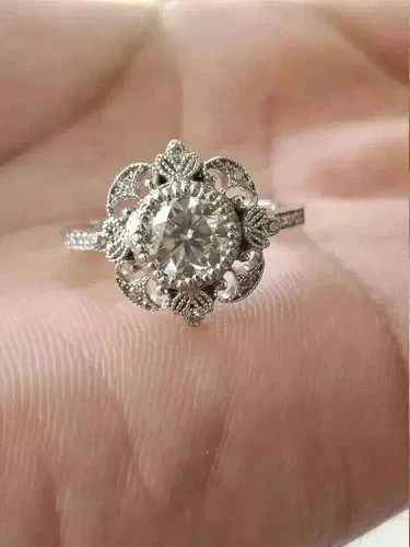 Art Deco Style Round Cut Lab Created Diamond 14K White Gold FN Engagement Ring