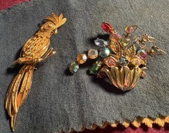 Lot Of Two: Vtg Hobe Parrot, Rhinestone Basket Flower Brooches