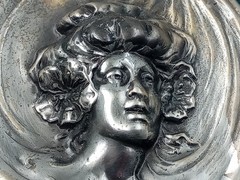 Large Ornate Antique Silver Tone Pressed Metal Victorian Lady’s Face Pin: 2.25″