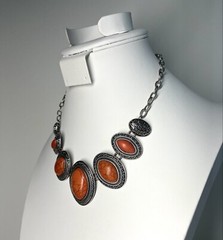 Orange Faux Howlite silver tone charm necklace 20”
