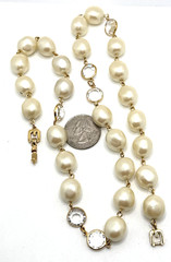 Vintage 80s GIVENCHY Bijoux Faux Baroque Pearl Clear Crystal Bezel Necklace 24″