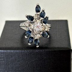 Vintage Blue & Clear Crystal White Gold Plated Statement Cluster Ring Size 6