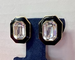 VTG Signed Trifari Black Enamel Clear Crystal Octagon Gold Tone Pierced Earrings