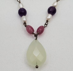 VTG 925 Pearl and Gemstone Jade Teardrop Necklace 18in Sterling Silver 12gtw