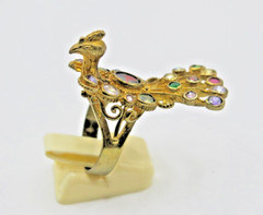 Multi color stones Peacock Gold Ring Vintage Brass Free Size Amulet charm Rare