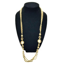 Gold Tone Necklace Double Strand Simulated Pearl Gold Tone Beads 36″