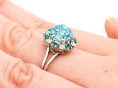 1940s 5.35 Ct Zircon & 0.25 Ct Diamond 0.24 Ct Emerald 18k White Gold Ring