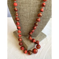 Vintage Red Gold Beaded Necklace 60s-70s Graduated Swirl Beads Barrel Clasp 24″