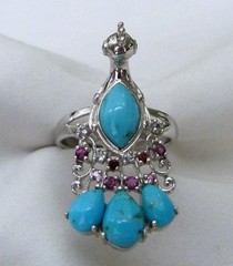 DESIGNER NK STERLING SILVER TURQUOISE PINK TOURMALINE BLUE TOPAZ PEACOCK RING 9