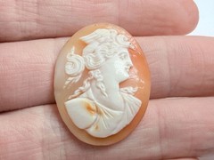 Vintage Loose Hand Carved Shell Cameo Woman with Bird on Head 1 1/8 Inch x 7/8In