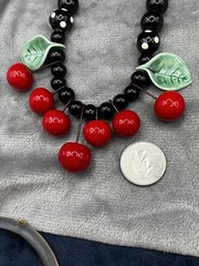 Vtg Red Cherries Black Bead Necklace Rockabilly Pin-Up Flying Colors Choker 80’s