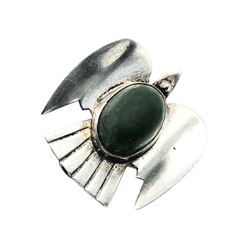 Sterling Silver Thunderbird Green Cabochon Vintage Mexican Small Brooch 1″ Pin