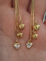 Puffy hearts & crystal bezel-set heart tassel earrings, multi chain, cascading