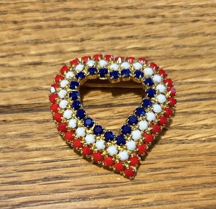 Vintage Patriotic Heart Brooch Red White Blue Rhinestones Gold Tone Prong set