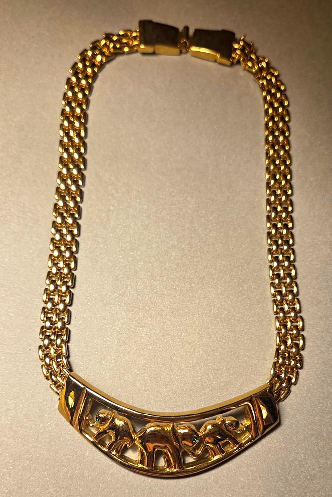 Vintage AFJ Signed Elephant Family Choker Necklace 1980s Gold Tone Rhinestone