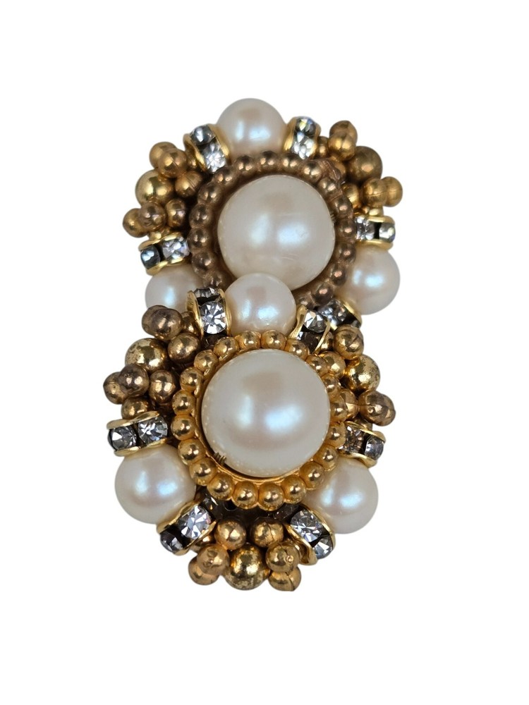Vintage Strung Faux Pearl, Rhinestone Rondell and Gold Bead Cluster Clips