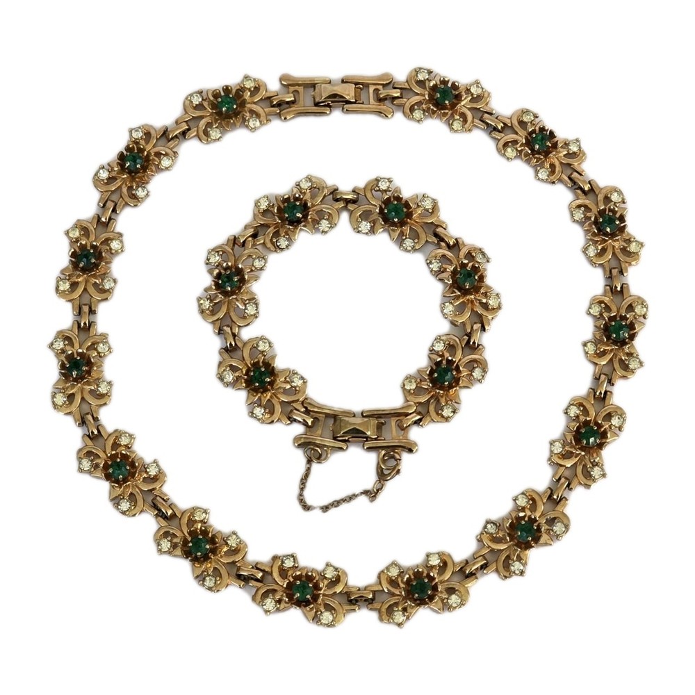 Vintage Barclay Faux Emerald Rhinestone Choker Necklace & Bracelet Set