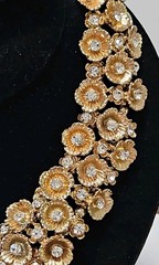 Vintage Statement Runway Collar Necklace Featuring Gold Tone Floral Rhinestones