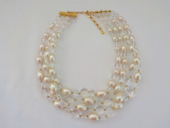 Vintage Four Strand Faux Pearl Bead Necklace Clear Plastic Gold Tone Metal Oval