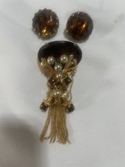 Vintage JULIANA DELIZZA Root Beer Amber Topaz Rhinestone Dangle Brooch Earrings