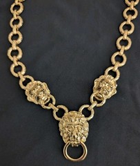 Vintage Kenneth Jay Lane KJL Triple Lion Head Door Knocker Necklace 18”