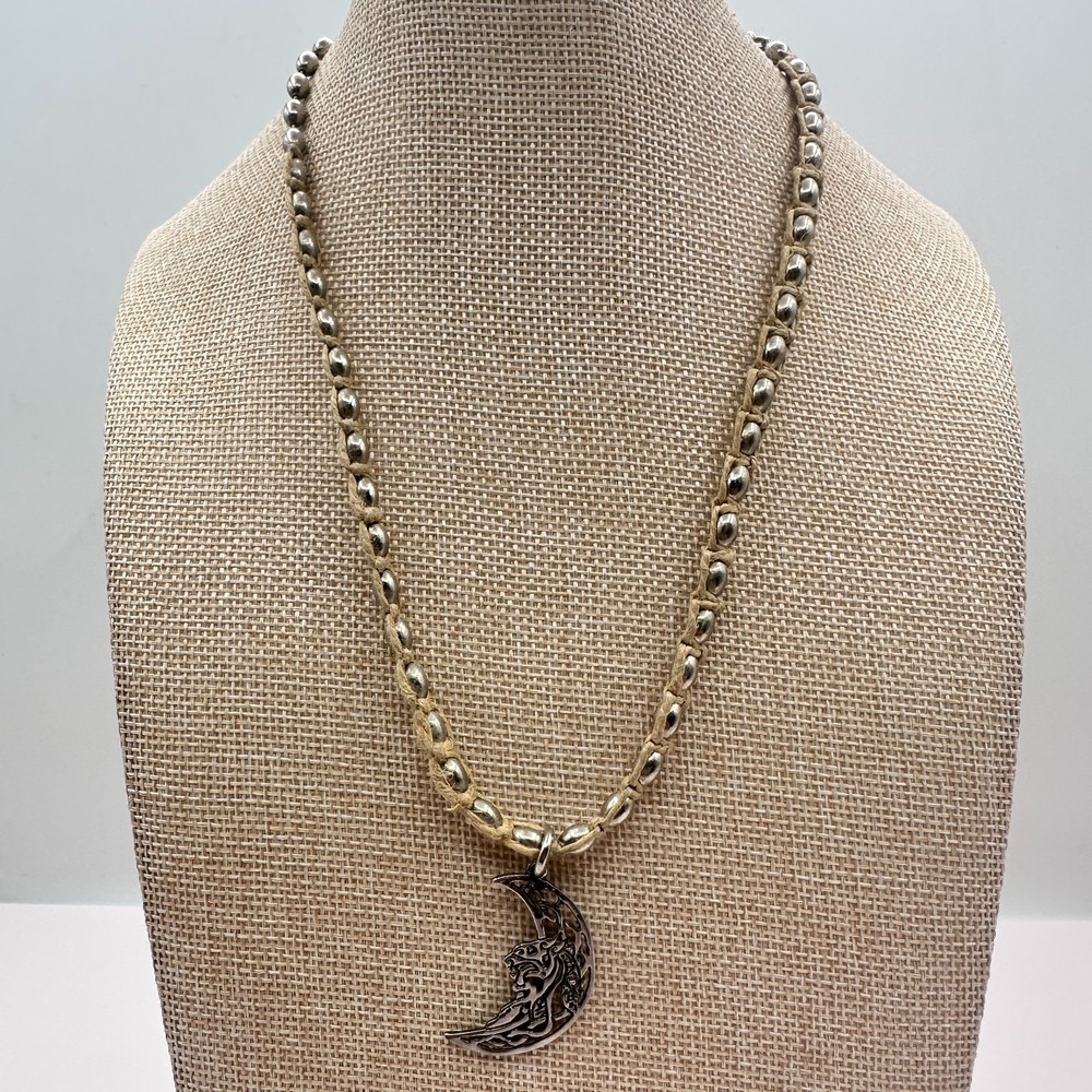 Vintage Y2K Silver Tone Crescent Moon Pendant Beaded Natural Fiber Cord Jewelry