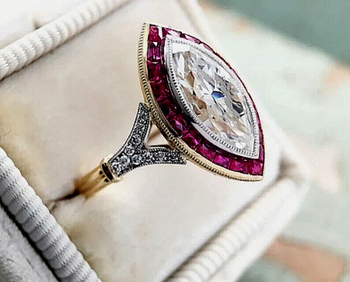 Art Deco Style Marquise Lab Created Diamond Ruby Wedding Ring 14K Yellow Gold FN