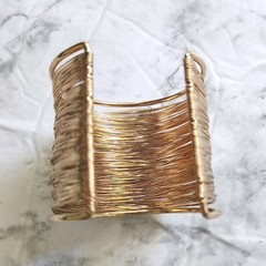 Wide Cuff Multi Strand Wire Bracelet With Rhinestone Gold Tone Embellished