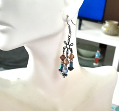 Boho Dark Silver Tone Long 3-Strand Blue Brown Bead 2.25″ Drop/Dangle Earrings