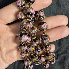 Vintage Knotted Wedding Cake Glass Bead Necklace Pink Black Gold Sparkle 23 Inch