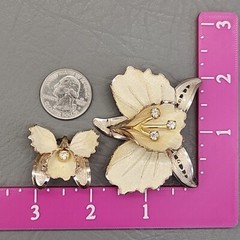 Vintage Flower Brooch Earrings Set Orchid Sugared Clip On Cream Gold Tone