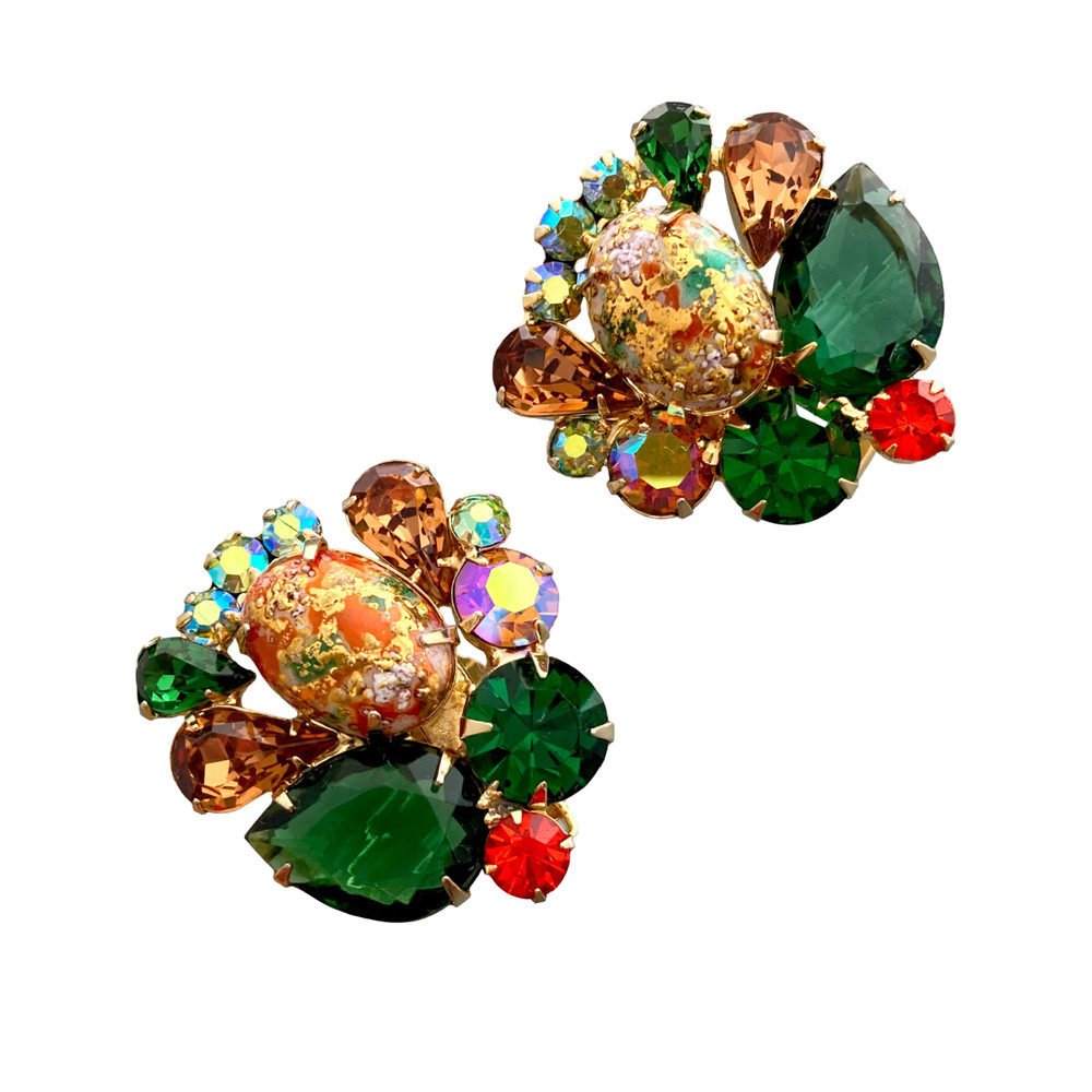 Vintage JULIANA Easter Egg Art Glass Green Brown Rhinestone Huge Clip Earrings